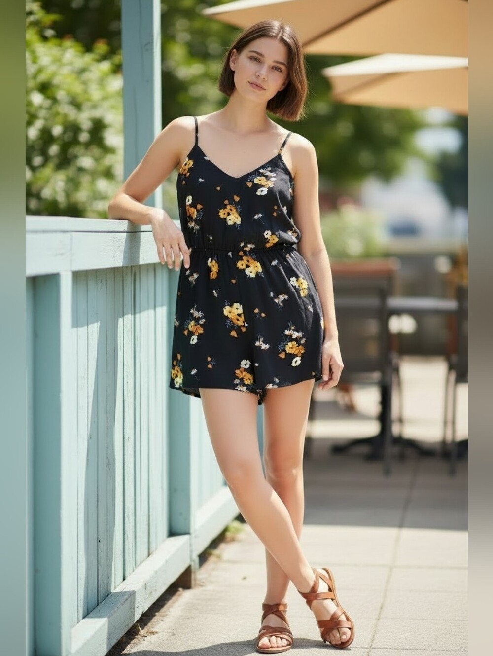 H&M Black Floral Romper with Yellow & White Flowers